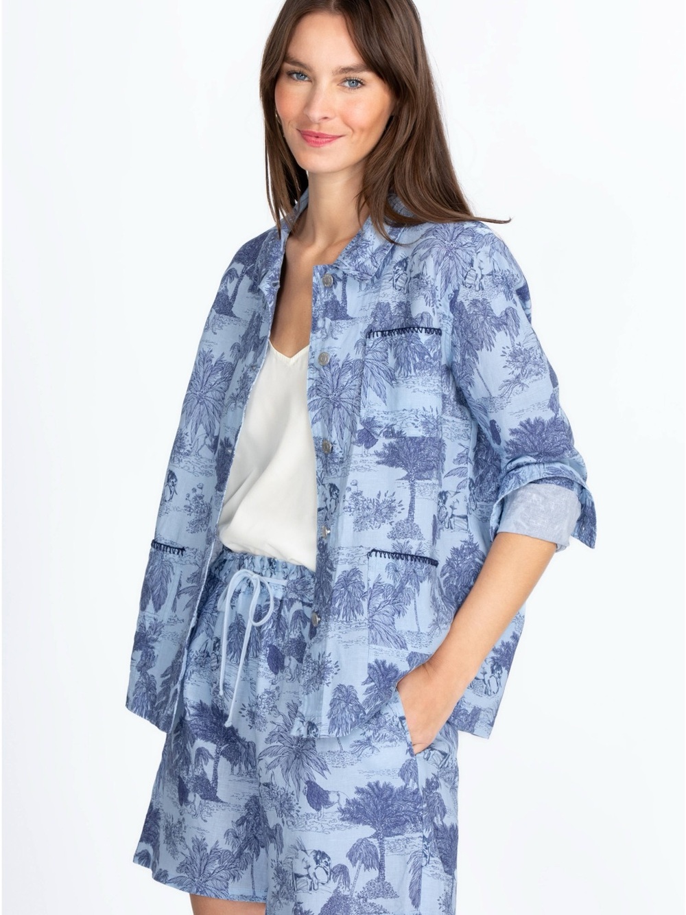 Johnny Was Amichi Linen Worker Chore Jacket tropical toile print